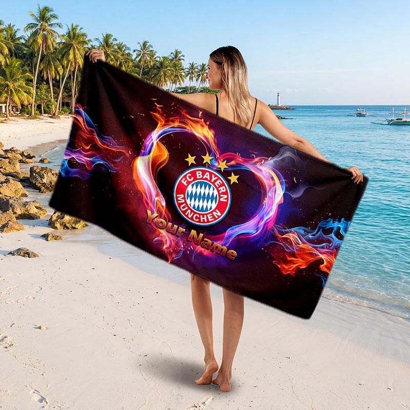 FC Bayern München Benutzerdefiniertes Strandtuch, Personalisierter Namens-Textdruck, Fußball-Logo Weiches Schnelltrocknendes Handtuch Urlaubsgeschenk