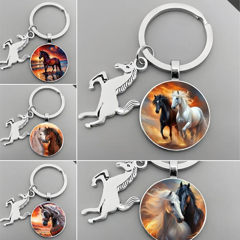 Animal Running Horse Keychain Exquisite Steed Pattern Glass Cabochon Keychain Men'S Charm Keyring Gift