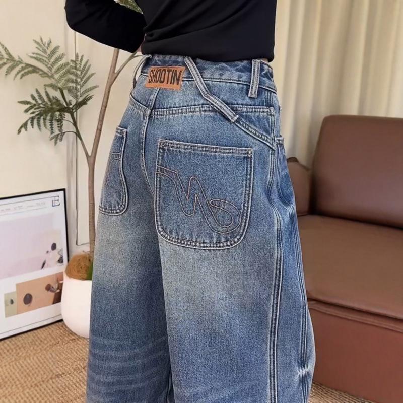 Plus Size Retro Wide-Leg Fleece-Lined Denim Pants for Women - Autumn/Winter