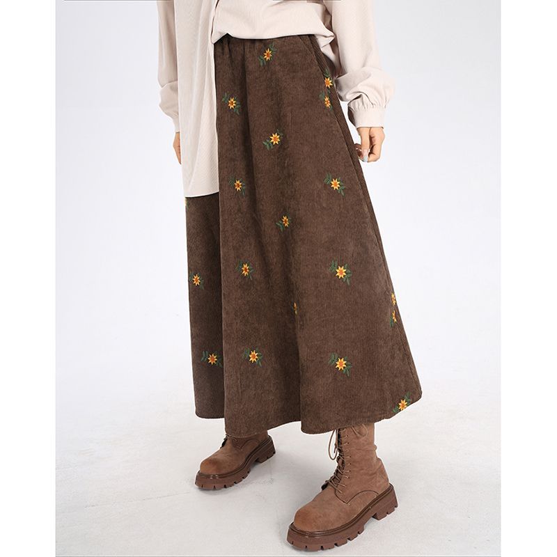 Vintage Braune Cordrock für Damen Röcke Herbst Bestickter Floral A-Linie Rock Süß Altersreduzierend Langes Kleid