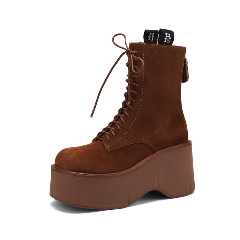 Fashion 2024 New Autumn Women Boots Cow Suede Shoes for Women Round Toe Lace Up Casual Platform Boots Increase Height Ladies Shoes
