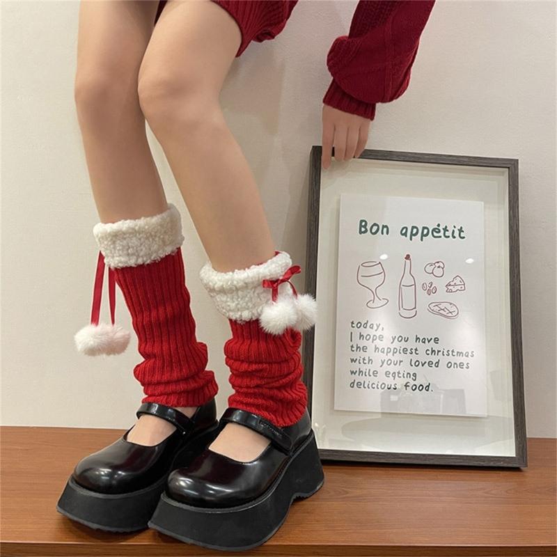 Women Winter Ribbed Knit Leg Warmer Stockings Y2K Harajuku Furry Trim Plush Ball Bow Christmas Leg Cover Long Boot Socks