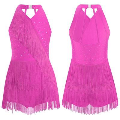 Mädchen Latein Tanzkostüm Glitzernde Strasssteine Fransen Body Neckholder V-Ausschnitt Ärmellos Träger Rücken Quasten Jumpsuit