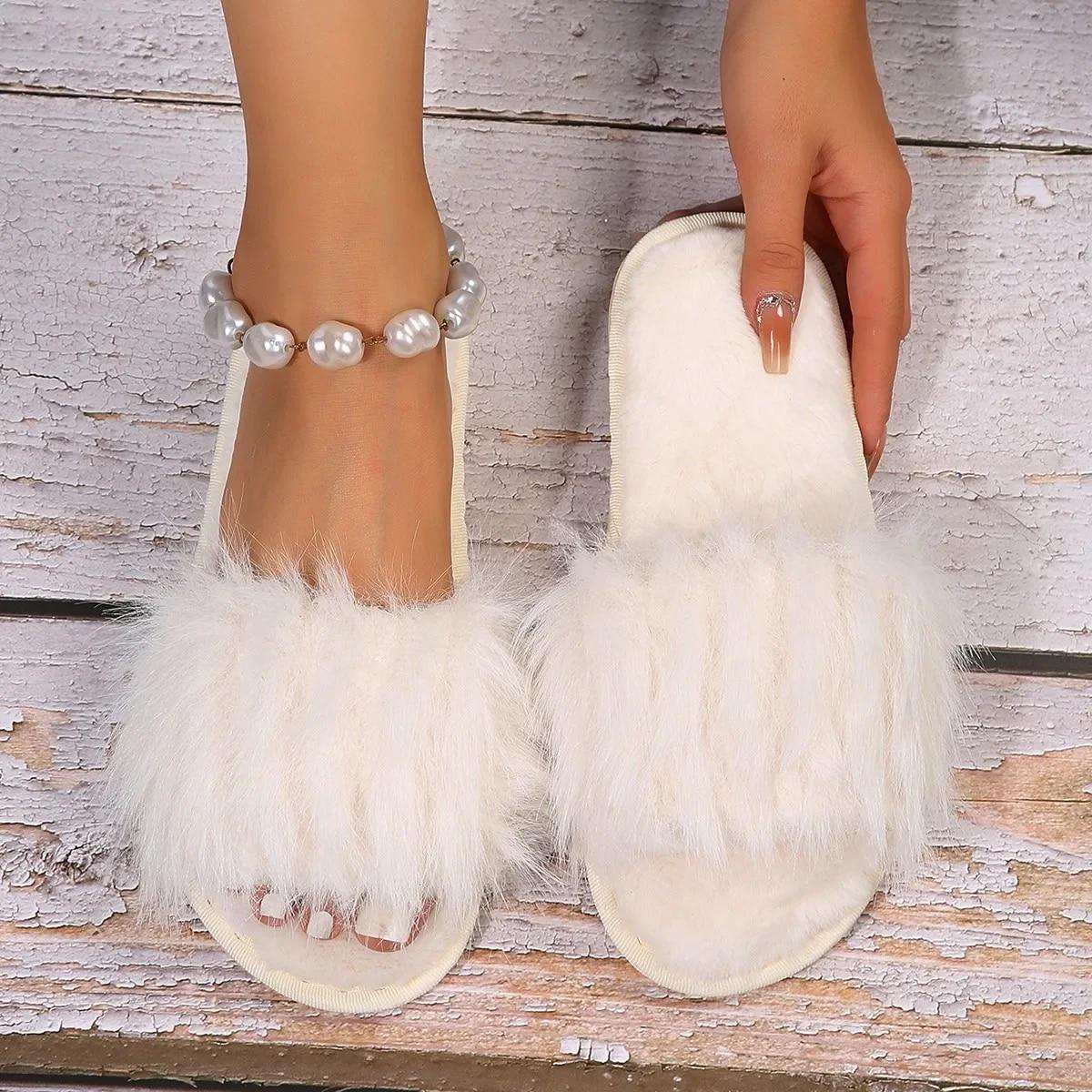 

Женская обувь на пушистом меху, теплые плюшевые тапочки, женские шлепанцы на плоской подошве, однотонные меховые тапочки на плоской платформе с мягкой подошвой 37 белый