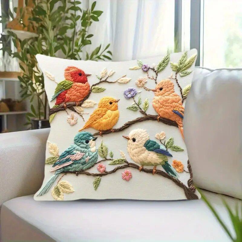 45cm Colorful Bird And Floral Print Pillow Cover For Living Room Decorative Couch Cushion Case Sofa Pillowcase