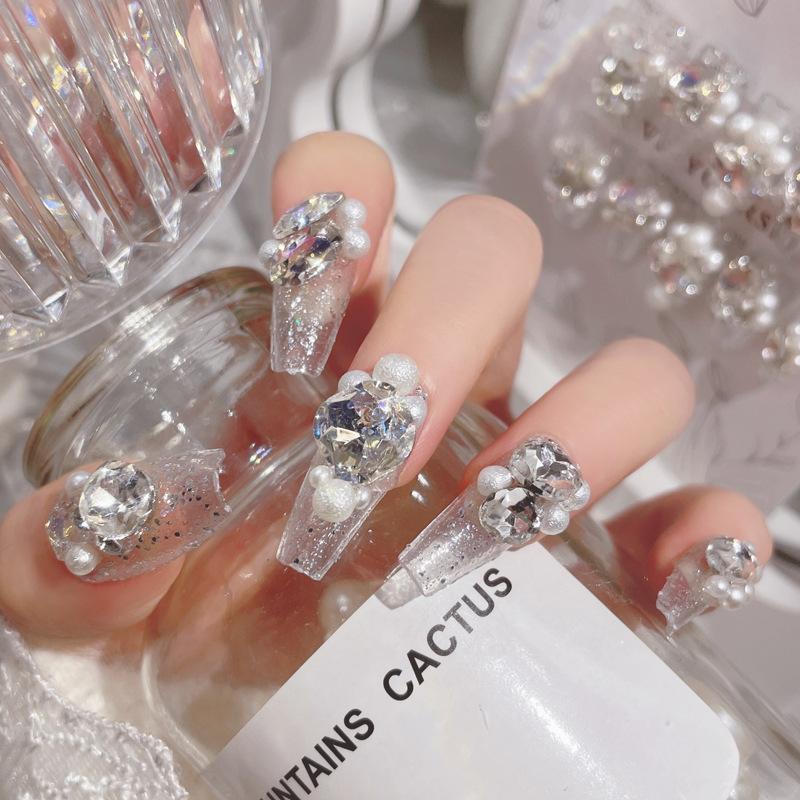 24 Pcs Long Press On Nails With Diamond Pearl Glitter Design Reusable Acrylic Artificial Nail Tips Set