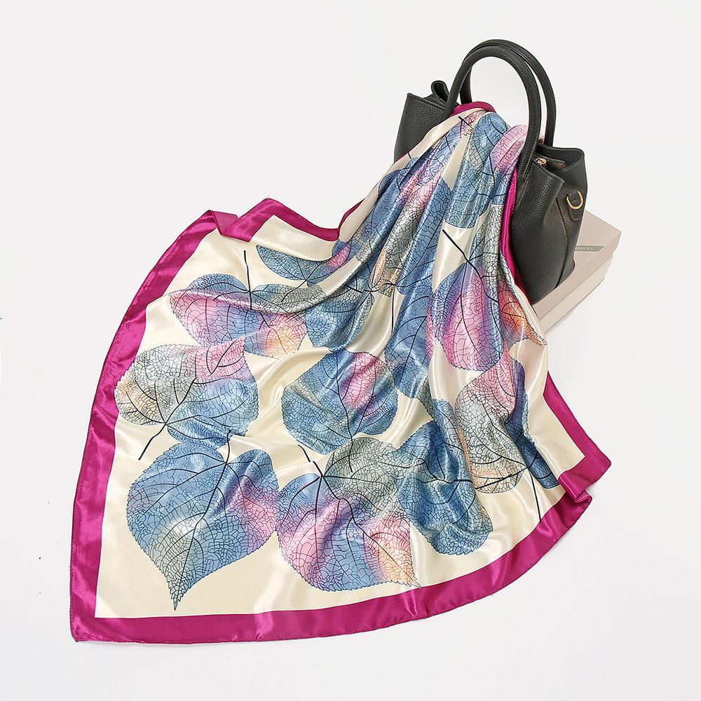 Square Silk Scarves Women Hijab Shawl Leaves Print Kerchief Femme Head Scarf Foulard Bandana Beach Pareo Imitation Silk 90*90Cm