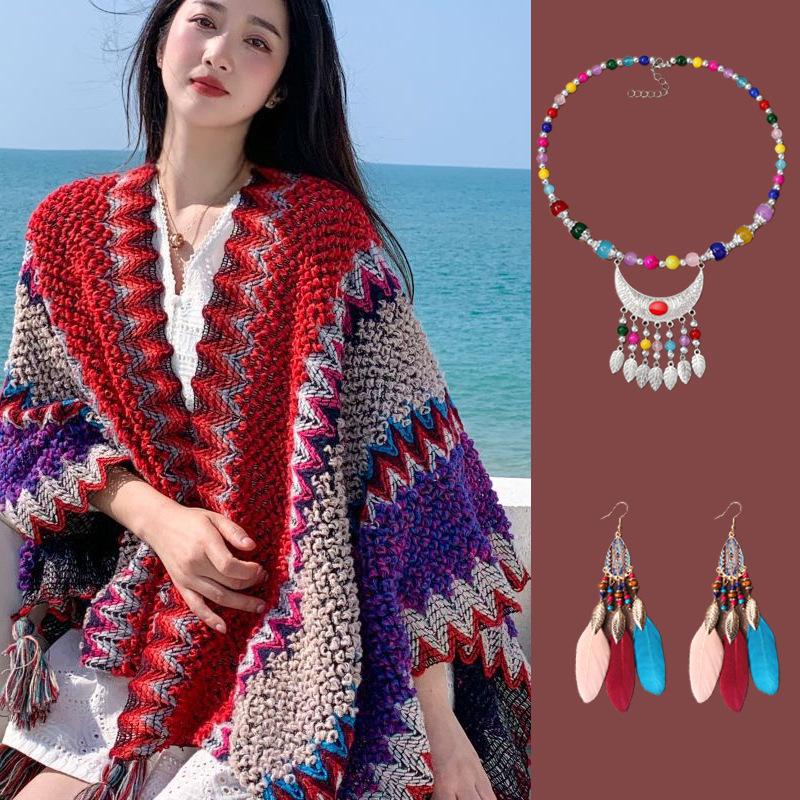 Yunnan Retro Tassel Shawl - Women's Autumn/Winter Cape Scarf for Travel & Vacation