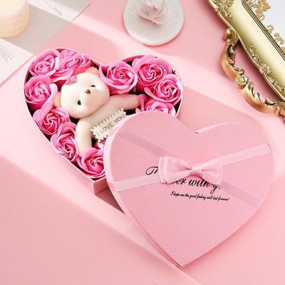Romantic Flower Bouquet Gift Box with Cute Bear Elegant 10 Artificial Flowers Versatile Valentines Day Gift