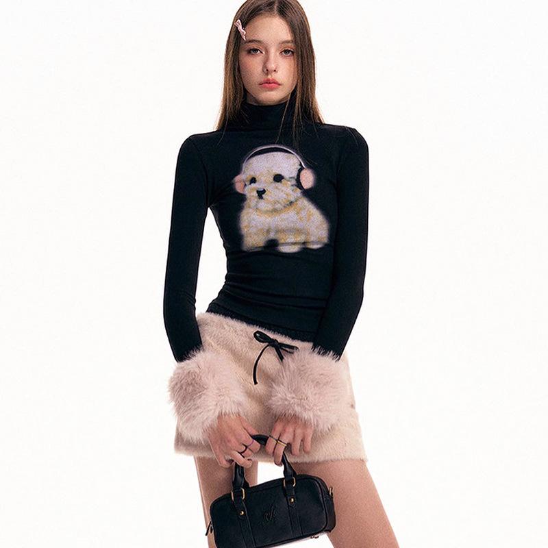 Spring and Autumn Women's Fashion Dog Print Plush Cuffs Long Sleeved T-shirt