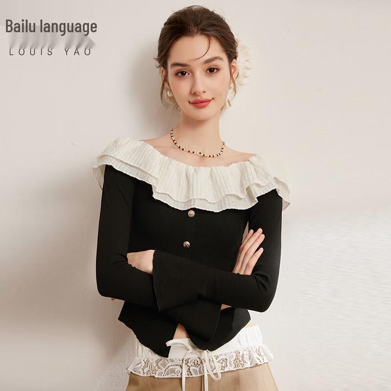 Bailuyu Women s Ruffle Off-Shoulder Colorblock Slim Fit Flared Long Sleeve T-Shirt L