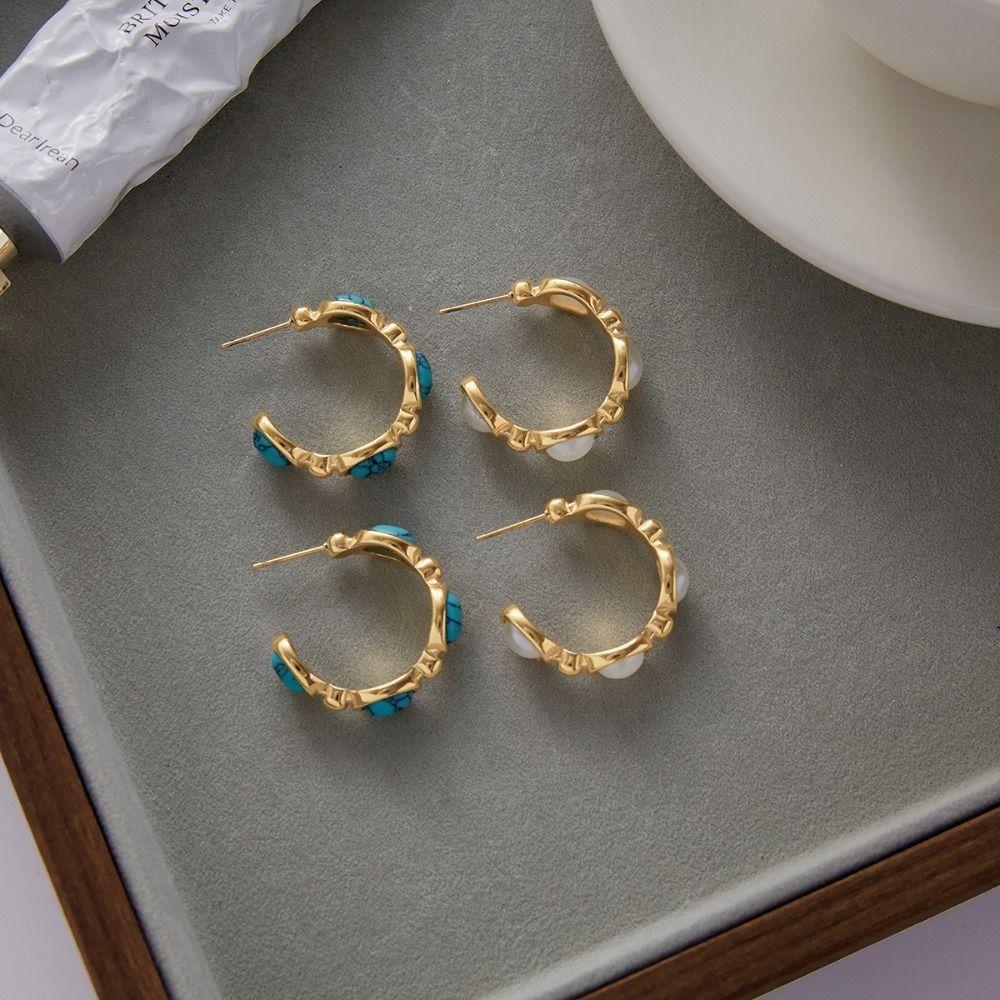 Simulated Pearls Hoop Earrings 18K Gold Color Pearl Earrings C-Shape Earrings  All Occasions
