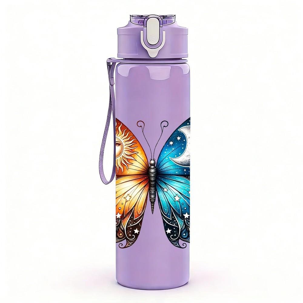 1PC Bright Color Butterfly Wing Print 750ml Color Plastic Sports Water Bottle Leakproof Flip Straw Lid Suitable for Sports Office Home Use