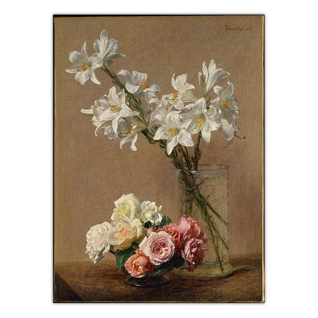 Pictură în ulei pe pânză Floare Vinatge Artă de perete Decor pentru casă Print Pânză Imagini de perete Poster Fantin-Latour Flori Francez Fără ramă