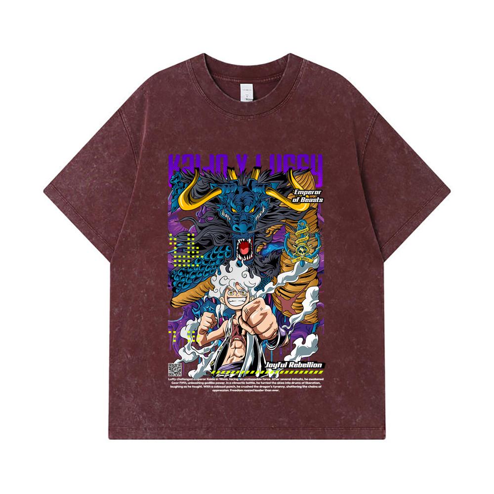 275 GSM Washed T-shirts 100% Cotton One Piece V35 Luffy Kaido Print Unisex Heavy Cotton T Shirt