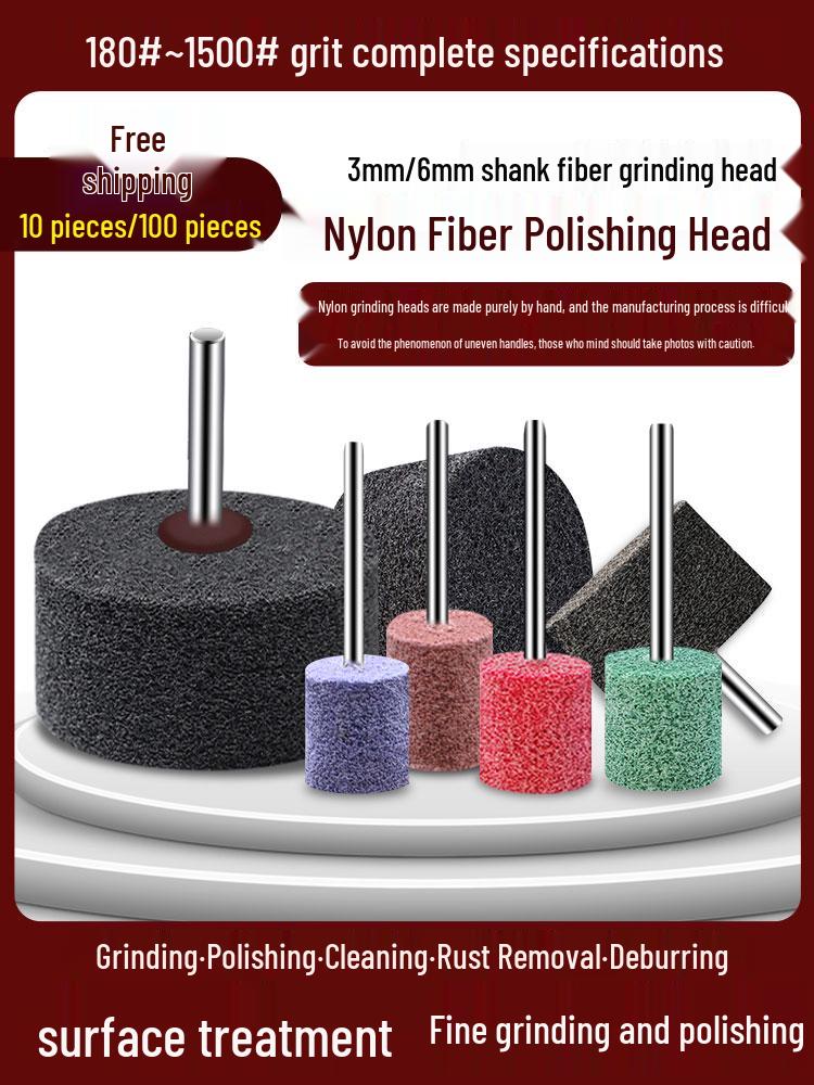 Nylon Fiber Polishing Wheel with Stainless Steel Wire, 3/6mm Shank for Electric Drill/Grinder, Pneumatic Grinding Head.
