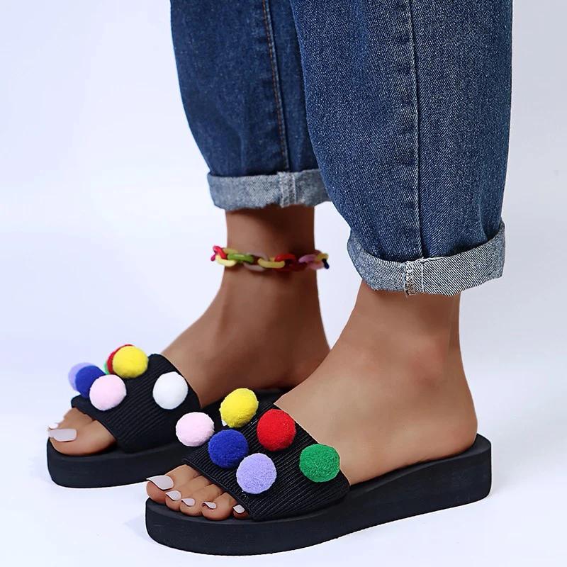 

Fashion Colorful Balls Decor 2025 Summer Slides for Women Wedges Med Heel Slippers for Laides Weightlight Soft Bottom Sandals Mujer 42 чёрный