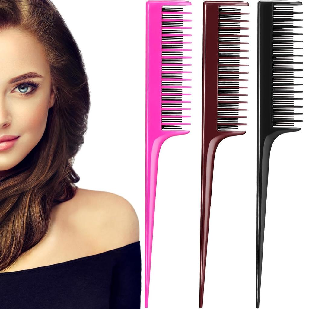 Leinuosen 3 Pcs Triple Teasing Comb for Women Plastic Rat Tail Comb Heat Resistant Pintail Tease Layer Tool for Thick Fine Hair Styling Backcombing