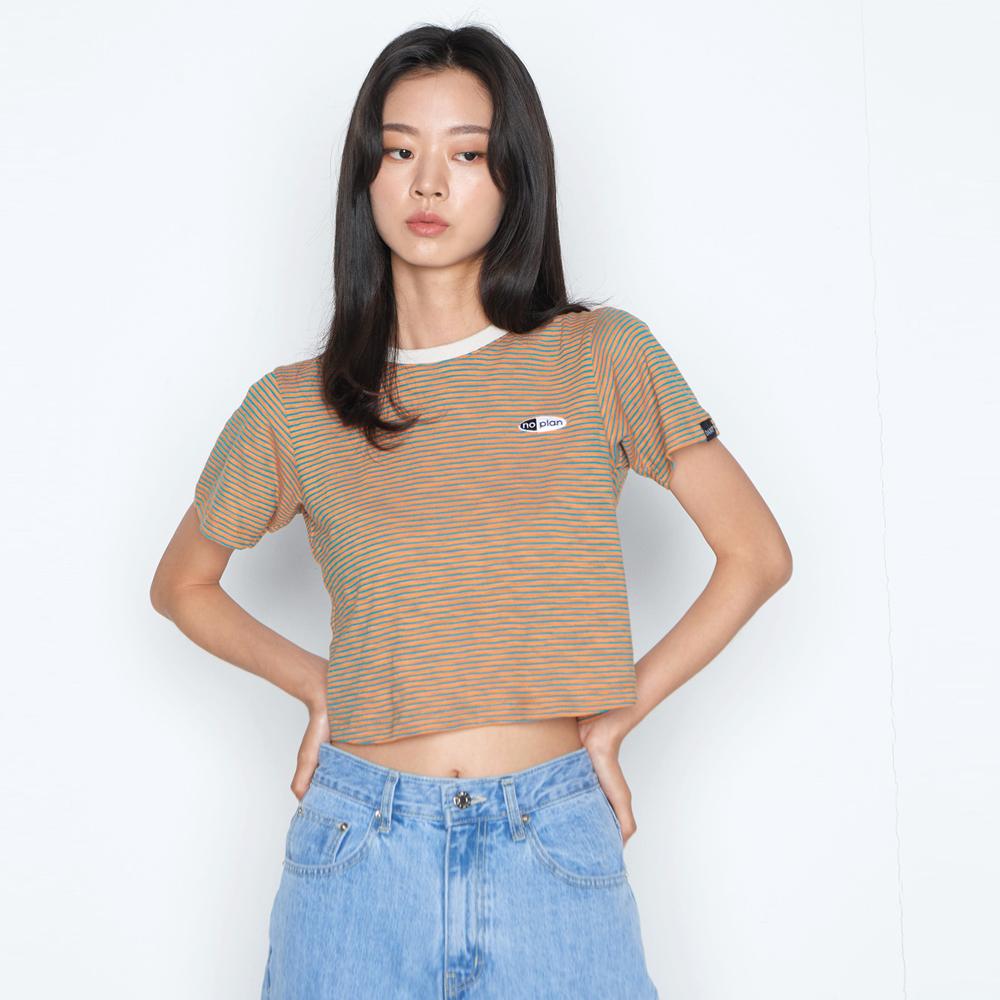 Don T Ask My Plan No Plan Oval Logo Stripe Crop Top_Blue/Orange Stripe/Free Size