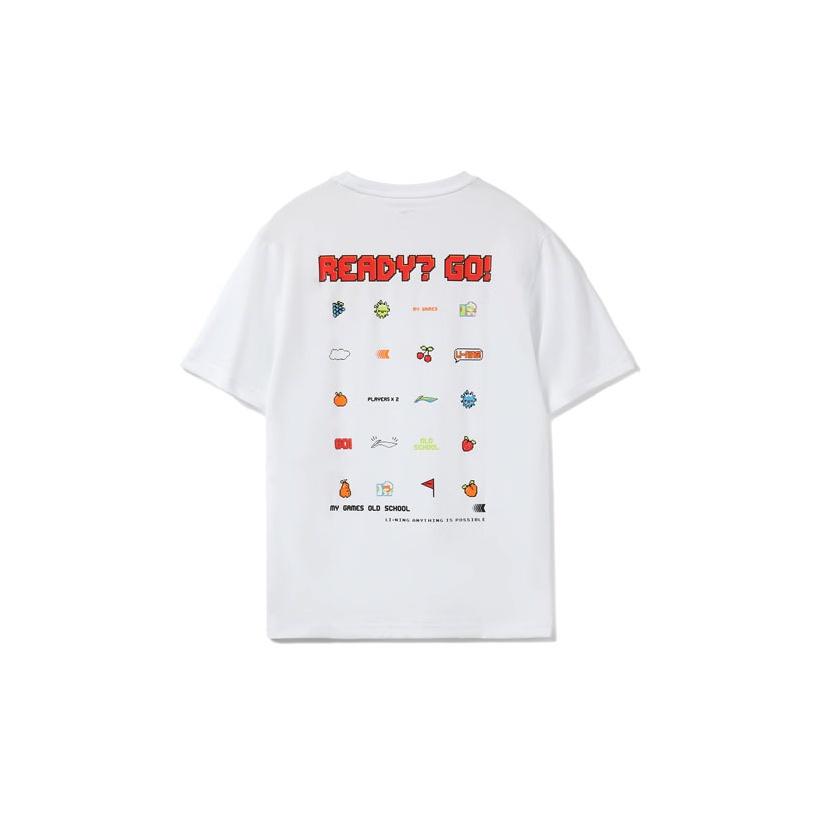 Li Ning Sports Fashion Serie Cartoon Pixel Print Kurzarm T-Shirt Unisex Oberteile Weiß AHSRB36-4