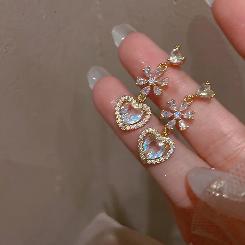 Fashion Shiny Zircon Flowers Love Heart Tassel Earrings For Women Personality Earrings Wedding Jewelry Birthday Gifts
