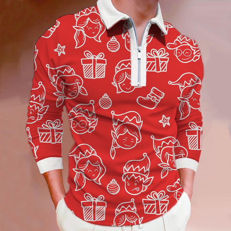 Spring Autumn Men Long Sleeve Zipper 3D Digital Christmas Print Polo Shirt Men Casual Lapel Polo Shirt Tops