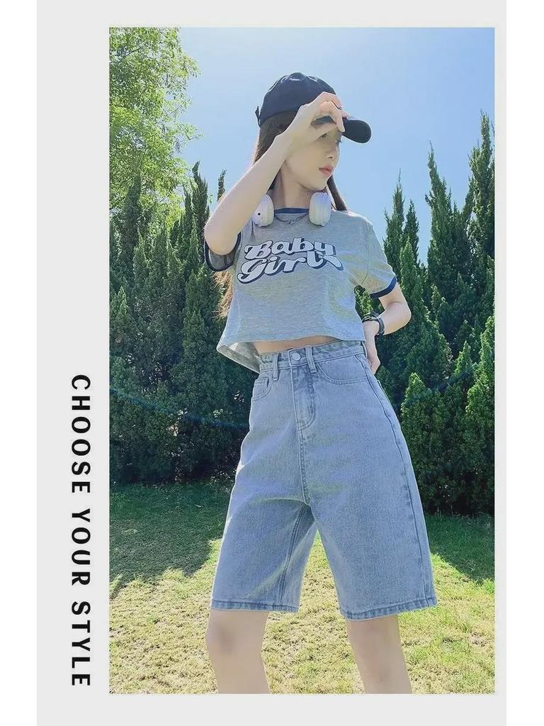 2024 Women's High-Waist Wide-Leg Denim Shorts – Slim, Loose, 5-Point Fit