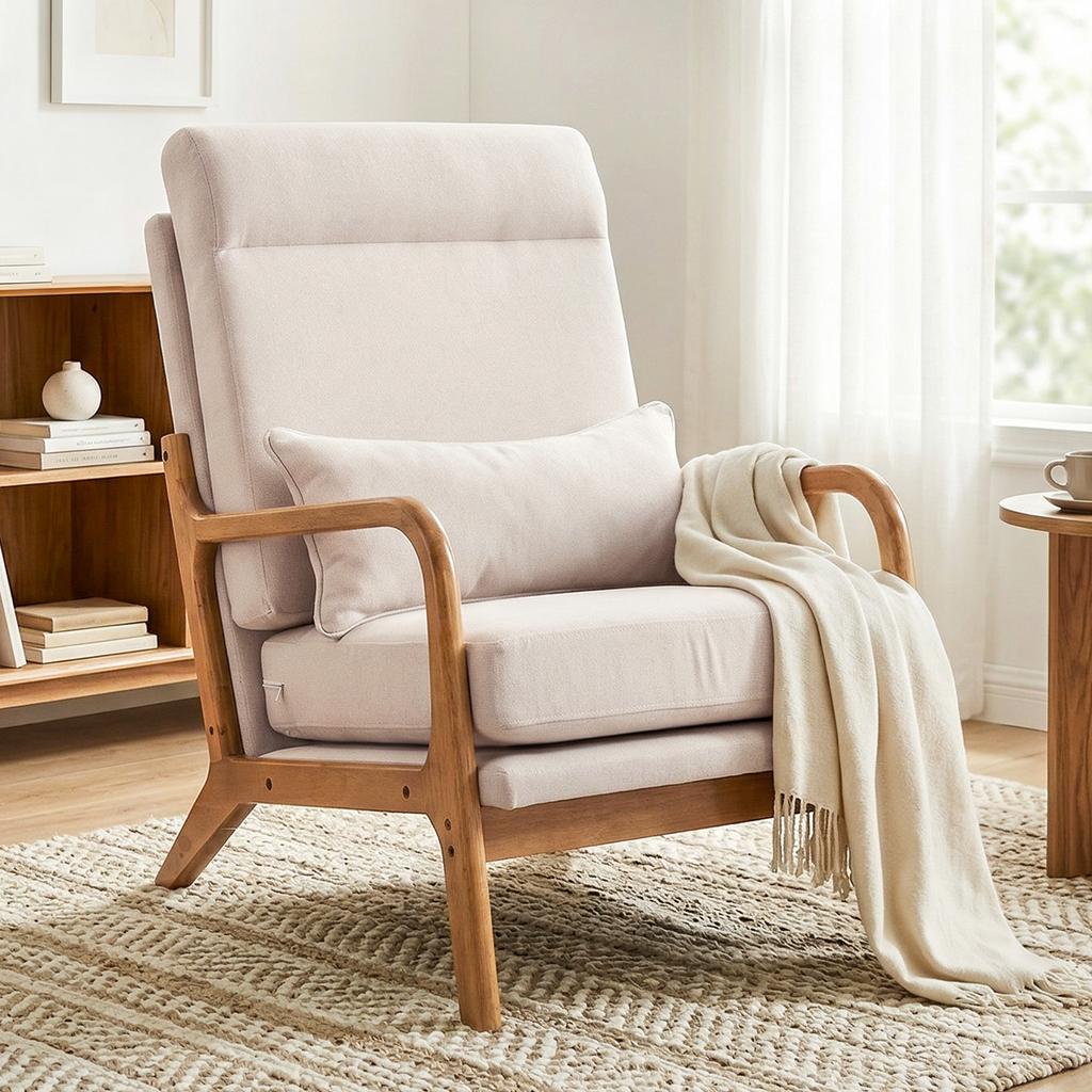 Lounge Chair, Linen Accent Chair, Lumbar Support, High Back, 64 x 86 x 93 cm, Cream