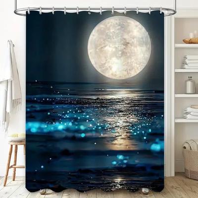 Design Pleine Lune sur l'Océan Rideau de Douche Imperméable Résistant à la Chaleur Lavable en Machine Non Transparent 180x180cm