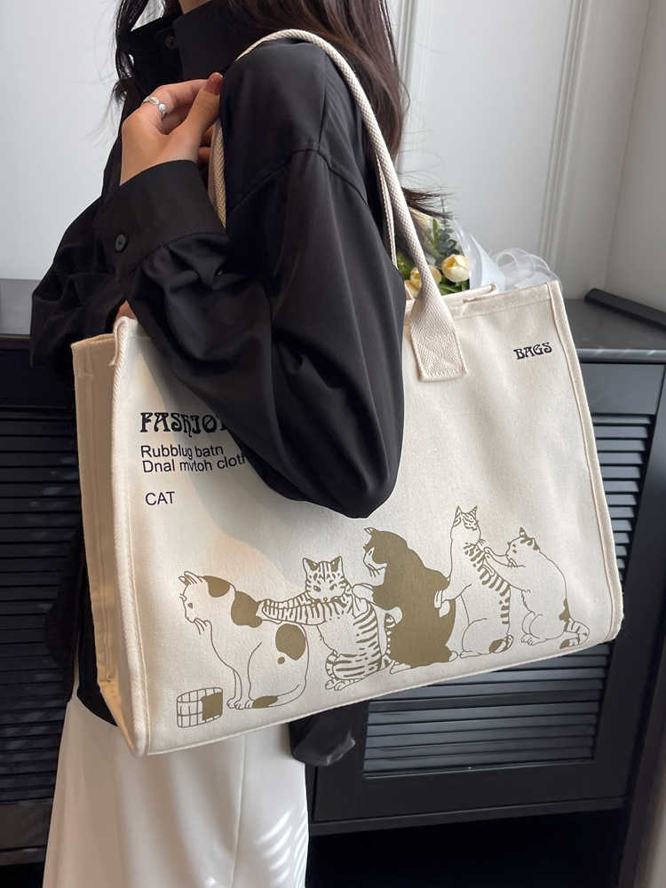 Sac Cabas en Toile Carto Cat Décontracté Simple Étudiant Voyage Sacs à Main Coréen Grande Capacité Femme Trajet Quotidien Sac à Bandoulière Unique