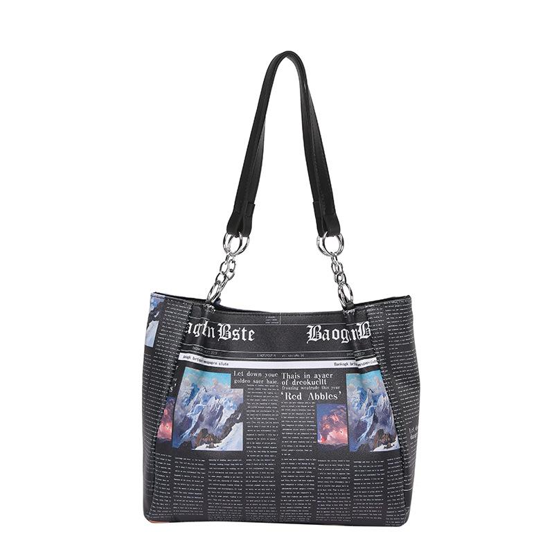 Internet celebrity newspaper shopping bag summer 2025 new Korean version fashion printing large capacity shoulder hand bucket bag woman