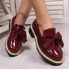 Damen Übergröße Britischer Stil Lackleder Loafers Neue Herbst Schleife Mittelhoch Blockabsatz Schuhe