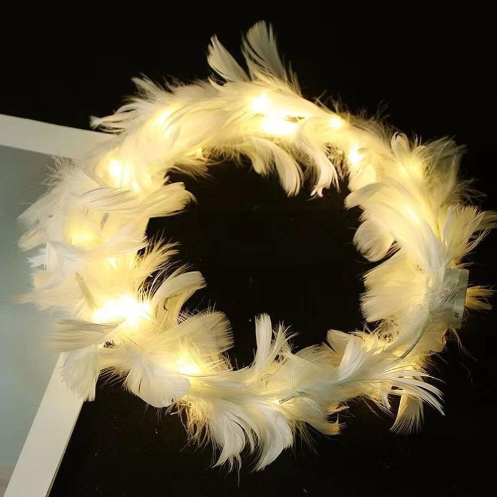 Christmas White Feather Luminous Garland New Year Women Hairband LED Feather Headband Party