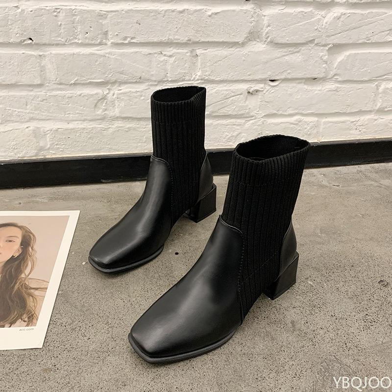 Fashion New Autumn Winter Style Thick Medium Heel Square Toe Short Boots for Women Knitted Simple Comfortable Daily  Women's Shoes