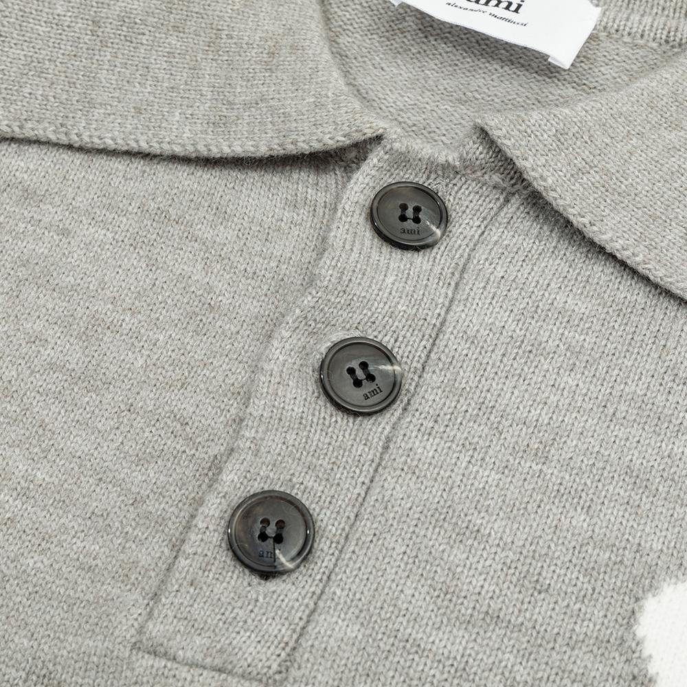 AMI White Heart-shaped Jacquard Alpaca Wool Blended Loose Sweater Polo Collar Men Pullover Sweater