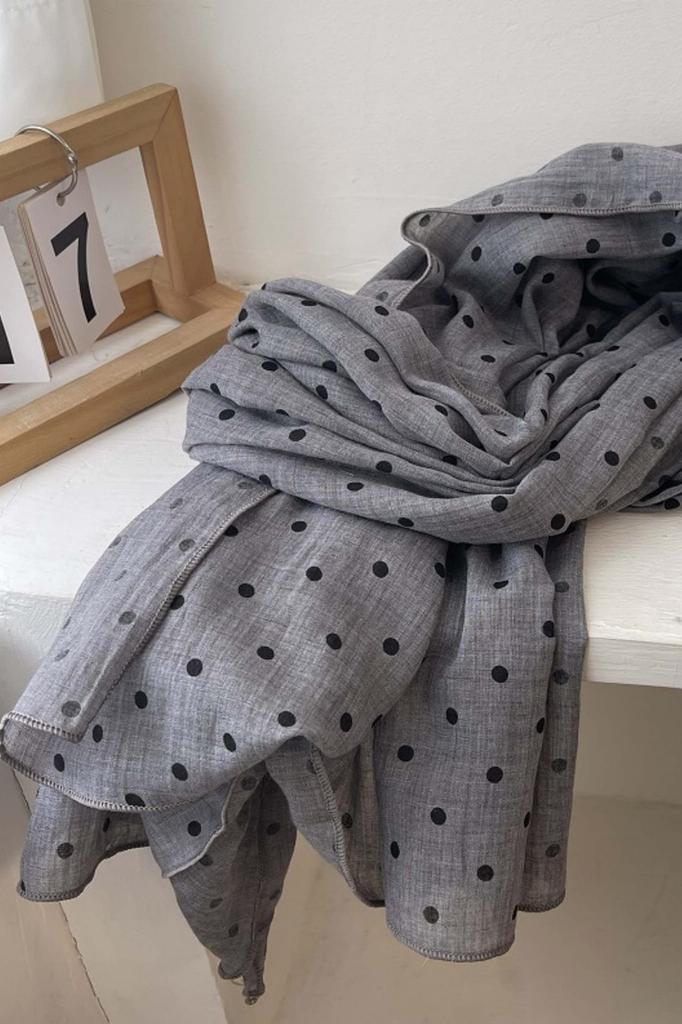 Gray Scarf with Black Polka Dots - 180X90 , Cotton and Polyester