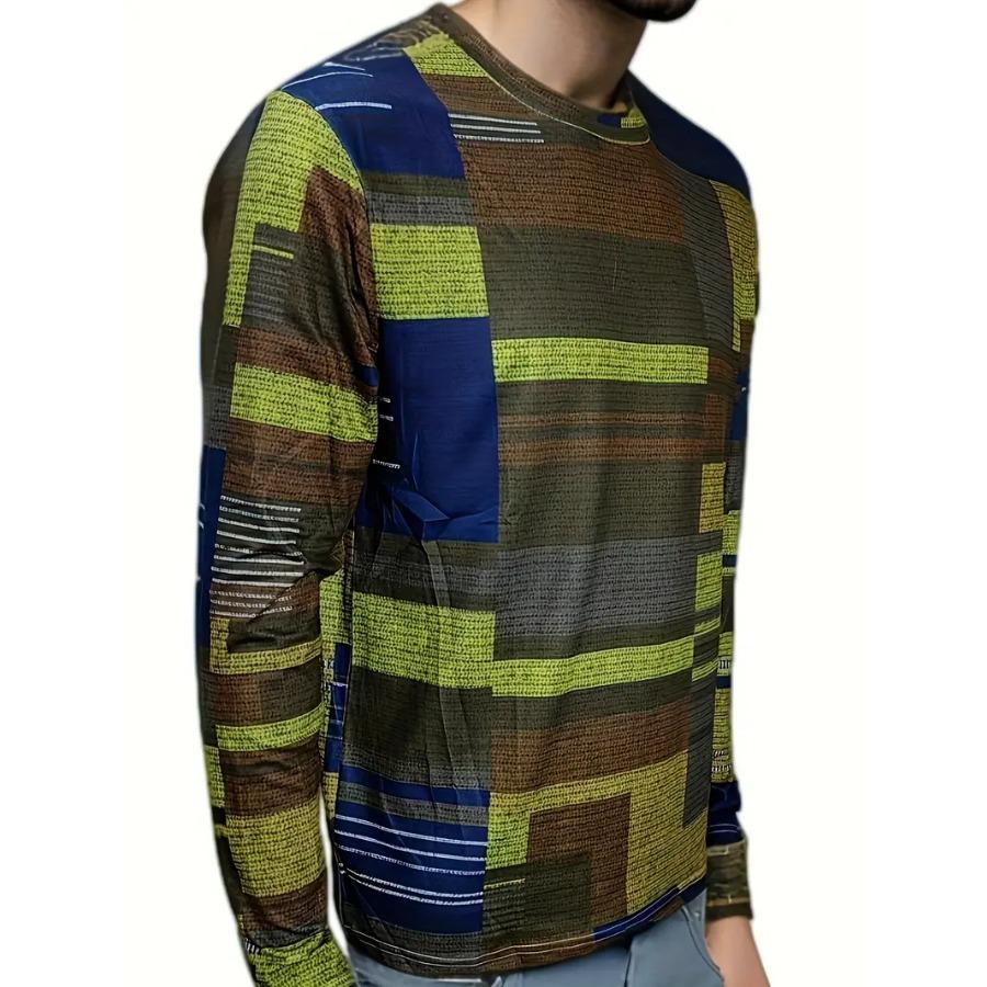 Men's Vibrant Plaid Crew Neck Long Sleeve T-Shirt - Soft, Breathable Comfortable Spring and Autumn Outdoor Activities and Sports - Perfect for Casual