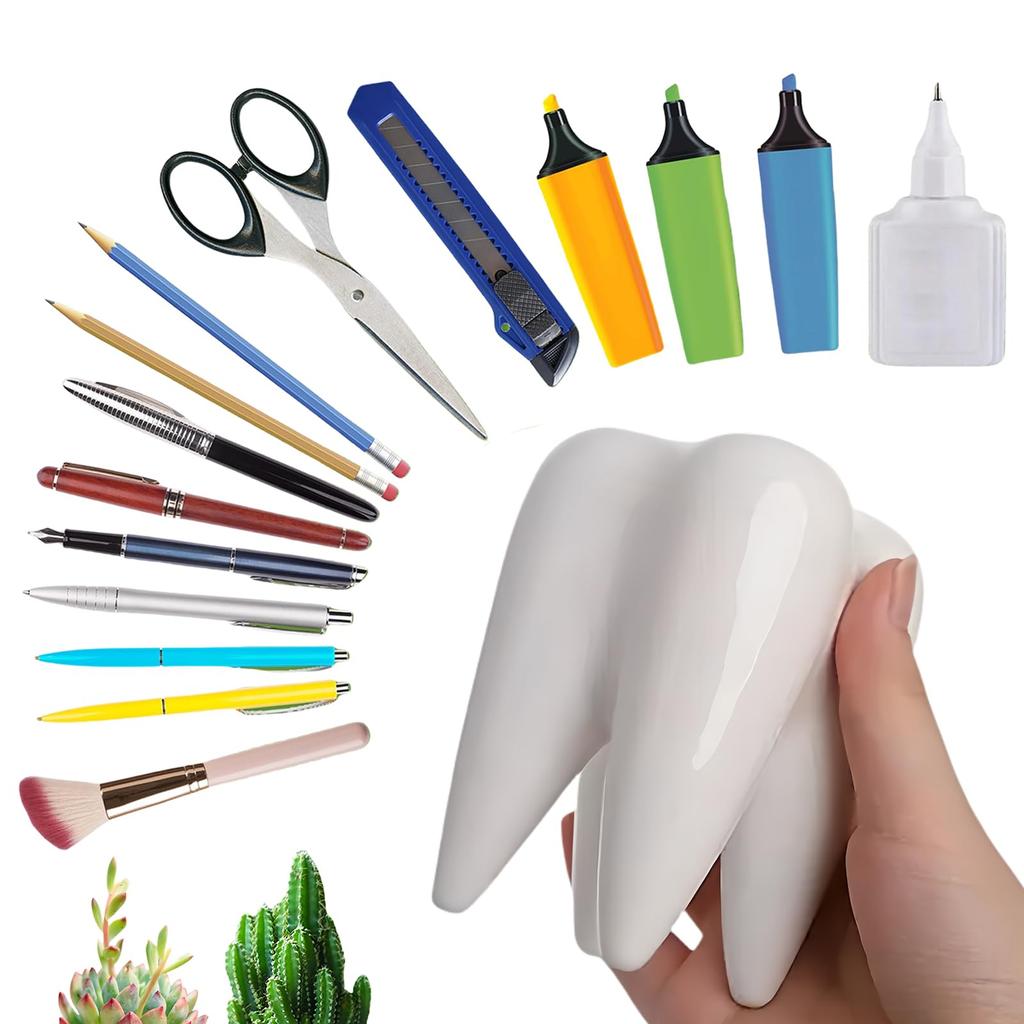 JANKOW Ceramic Pen Cute Desk Organizer with a Fun and Unique Appearance for Offices and Classrooms Tooth-Shaped Holder, (White)