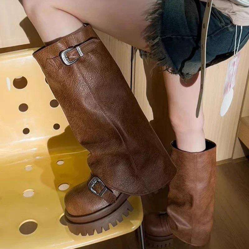 Fashion Platform Chunky Women High Boots Fad Buckle Leather Mid Heels Shoes 2025 Trend Designer Knee High Mortorcycle Winter Botas Mujer