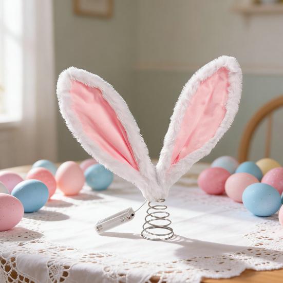 Easter Rabbit Ear Tree Topper with LED Light Plush Bunny Ears Christmas Tree Top Decoration with Metal Spring Easter Home Holiday Party Ornament