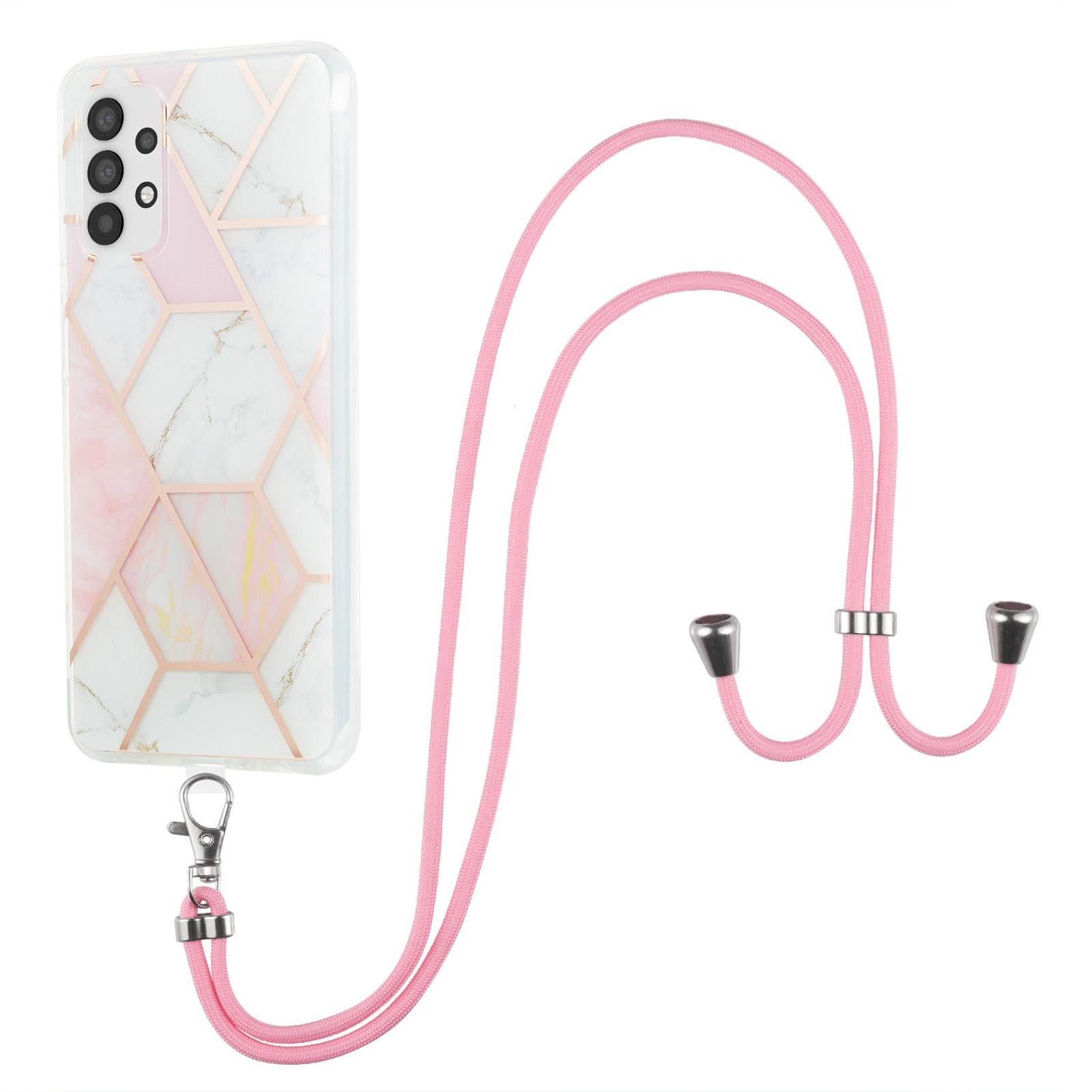 

For Samsung Galaxy A23 4G/5G (Global Version) Case with Long Strap Splicing IMD Marble Pattern TPU Back Cover Pink/White