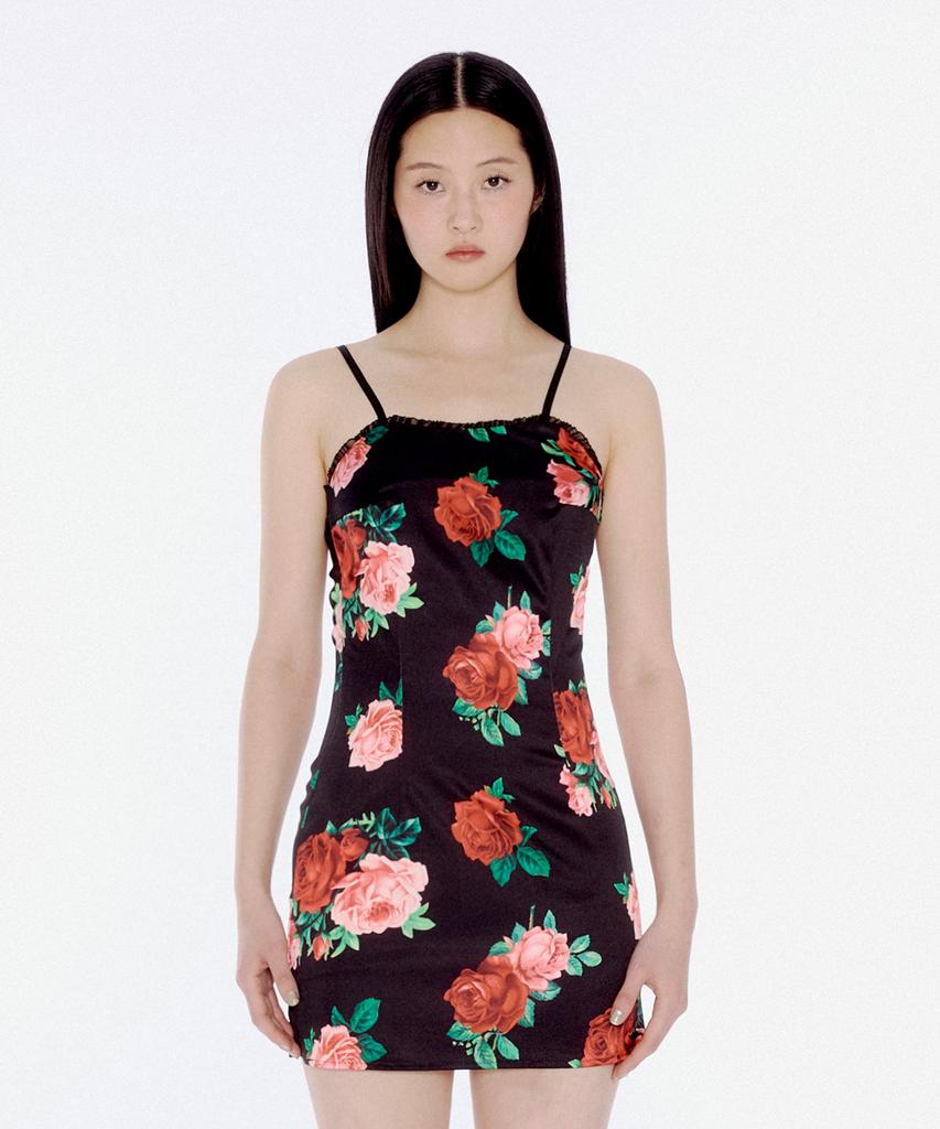 YOUHEE Satin Flower Pattern Dress Black