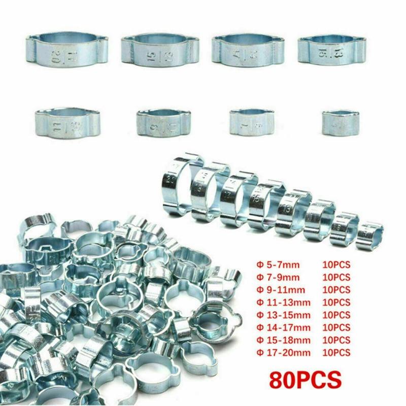 

80Pcs 5-20mm Hose Clamp Clips Set Double Ears Clamp Worm Drive Fuel Water Hose Pipe Clamps Clip+1PC Plier Clamps For Woodworking oniy plier