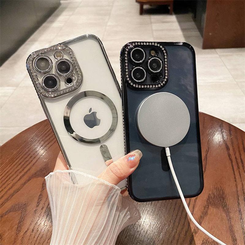Brokatowy diamentowy bezprzewodowy futerał na telefon do ładowania dla Iphone 14 13 12 11 Pro Max 14 Plus 14pro przezroczysty, odporny na wstrząsy silikonowy zderzak