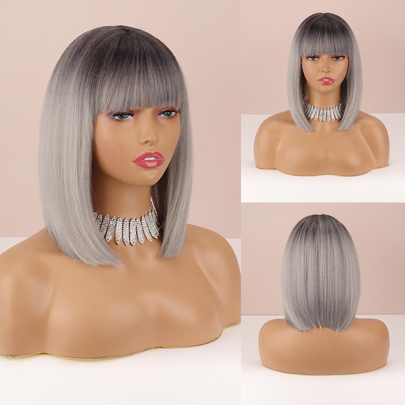 MERISIHAIR Ombre Grey Color Women Fashion Shoulder Length Natural Straight Bob Wig with Bangs Daily Wear Cosplay Synthetic Wig