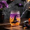 Vaso de Vidrio con Patrón de Sombrero de Mago Halloween Cristalería Artesanal, Copa Decorativa Pintada a Mano con Diseño de Murciélago/Sombrero de Mago/Espantapájaros/Cuervo, 420ml Diseño de Calavera