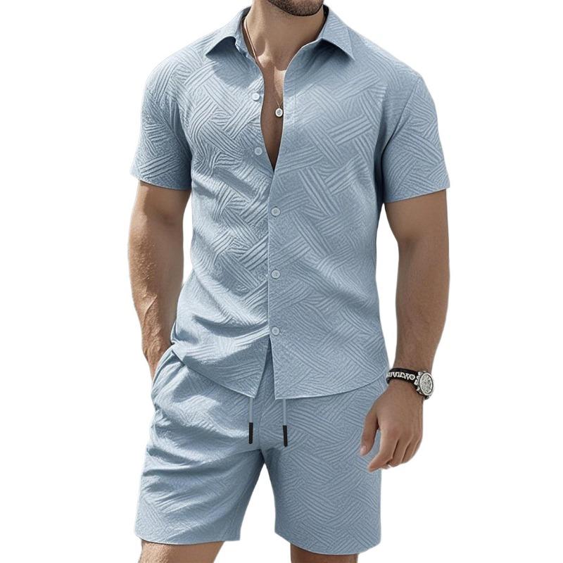 Mens Casual Two Piece Outfit Textured Short Sleeve Shirt And Shorts Set