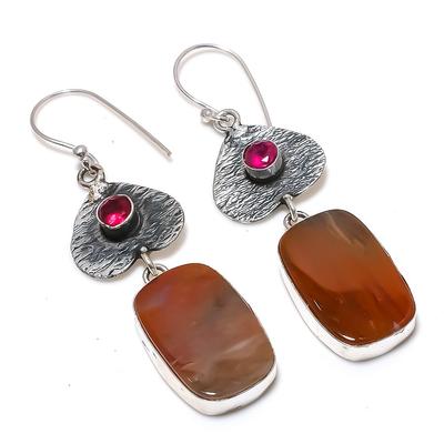 Natural Tube Agate, Rubillite Gemstone 925 Sterling Silver Earring 2.60" e2C77
