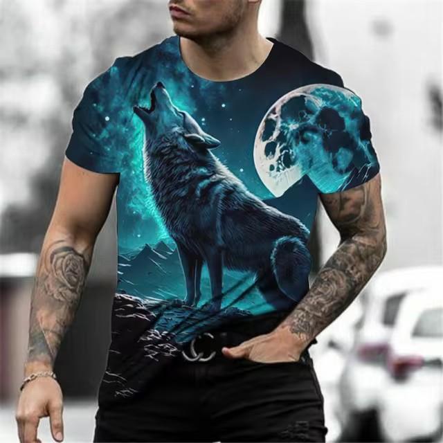 Summer Round Neck 3D Wolf Print Top Fashionable Casual Short Sleeved Men's T-shirts