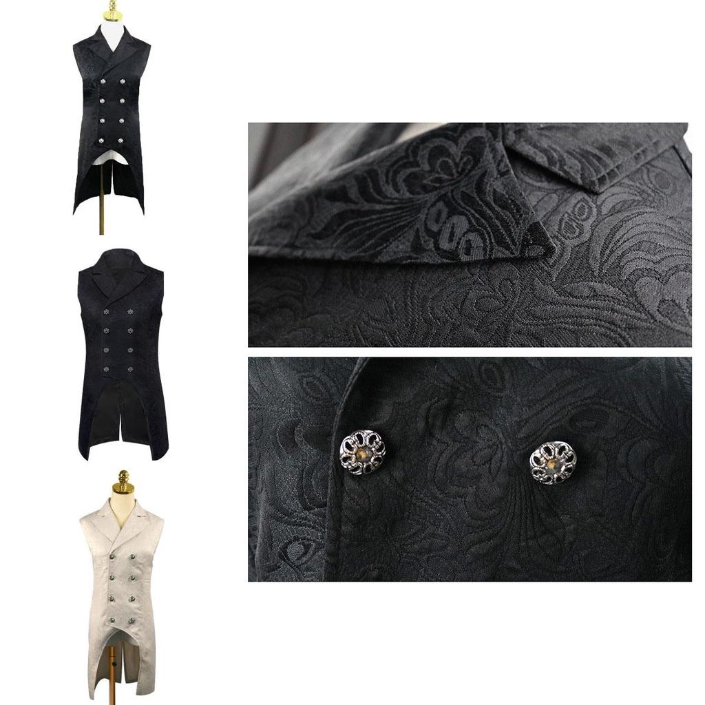 Retro Herren Steampunk Schwalbenschwanz Gehrock Jacquard Weste Mantel mit Umlegekragen
